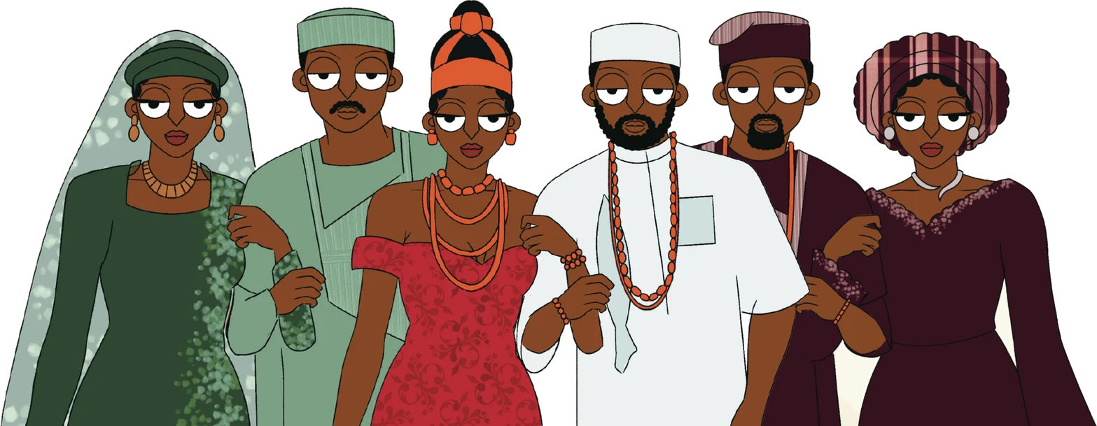 Six wedding guests in traditional Nigerian clothes, standing arm in arm